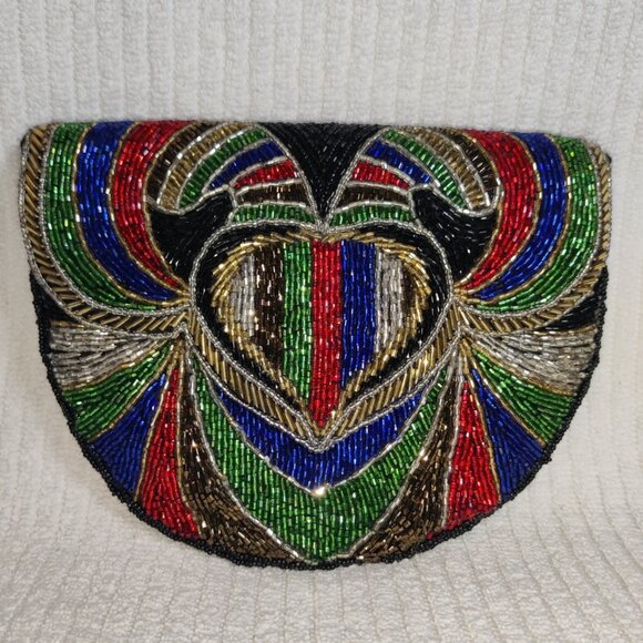 Vintage 70's Evening Heart Tube Beaded Purse Black Gold Red Blue Pre Owned - Picture 1 of 11